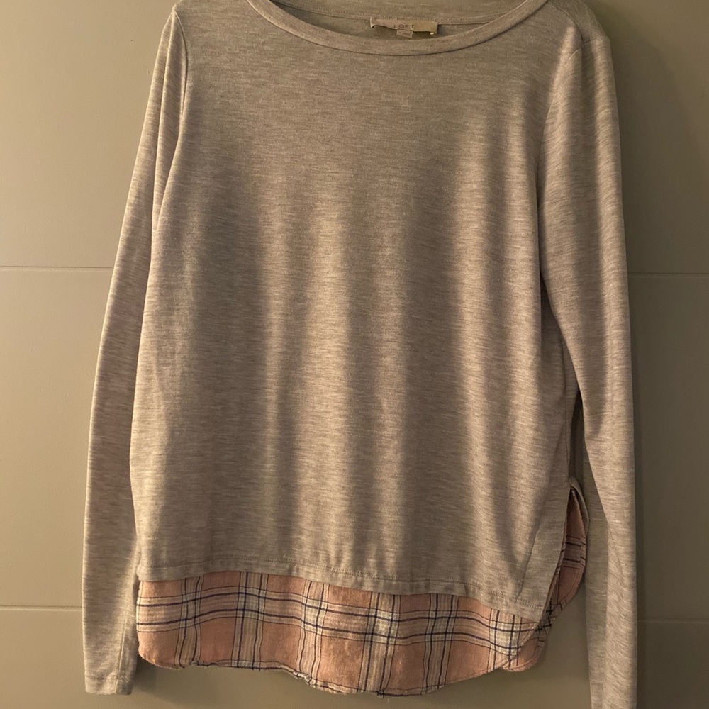 Loft Mixed Media Sweater (Gray/Pink plaid) size M